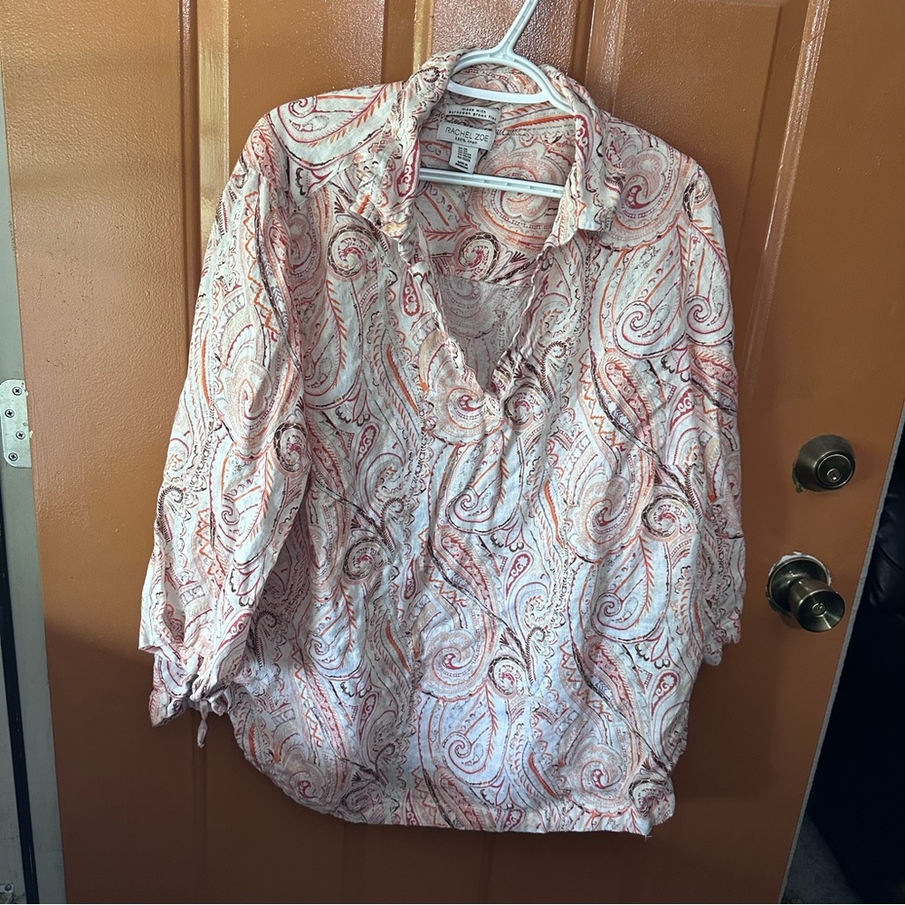 Paisley Print 100% Linen Rachel Zoe Women's Top - Orange and White